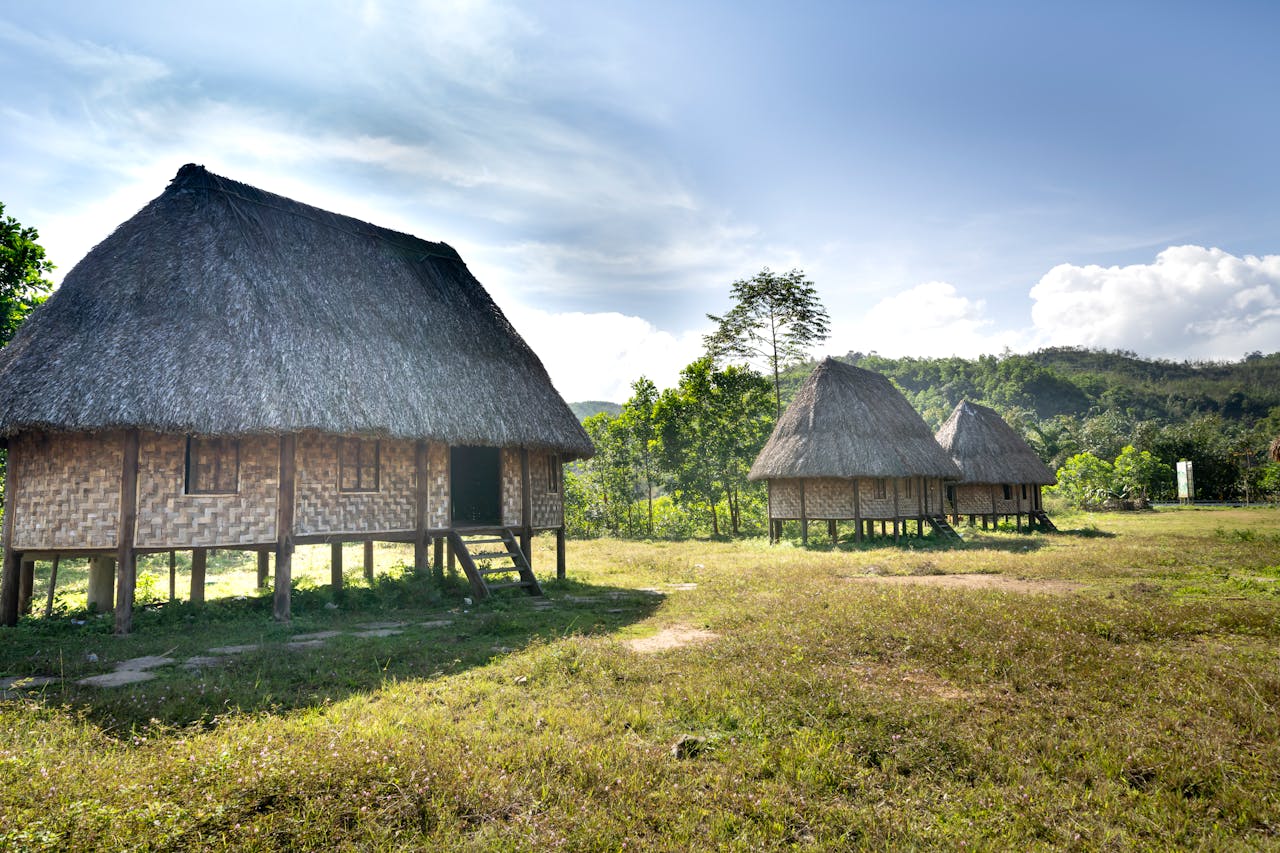 Traditional thatched huts in a peaceful rural landscape under a blue sky.